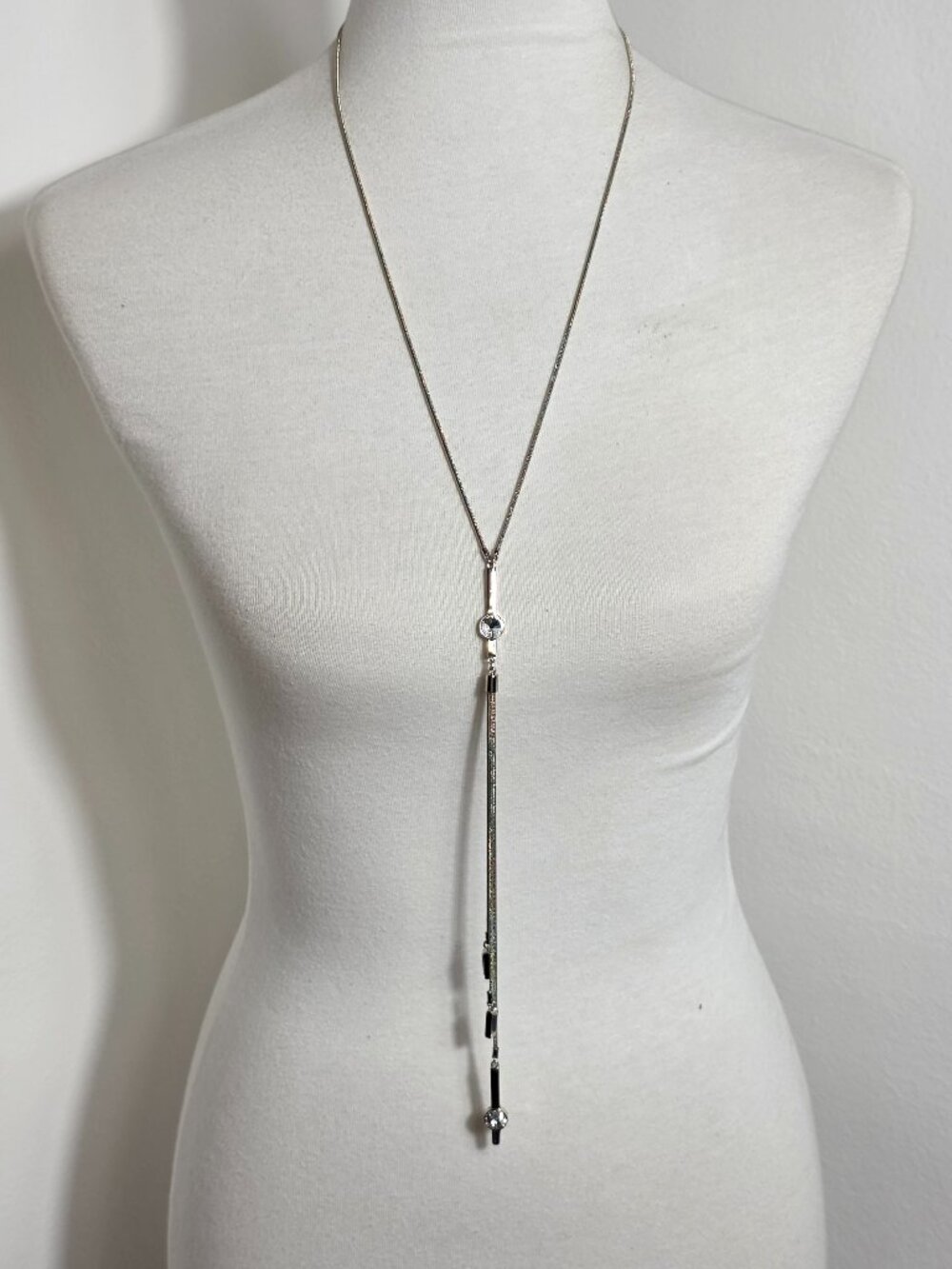White House Black Market Lariat Necklace Silver-Tone with Faceted White Stones